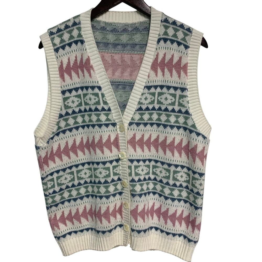 No Brand Vintage Women's Knit Geometric Pastel Sweater Vest Button Up M/L